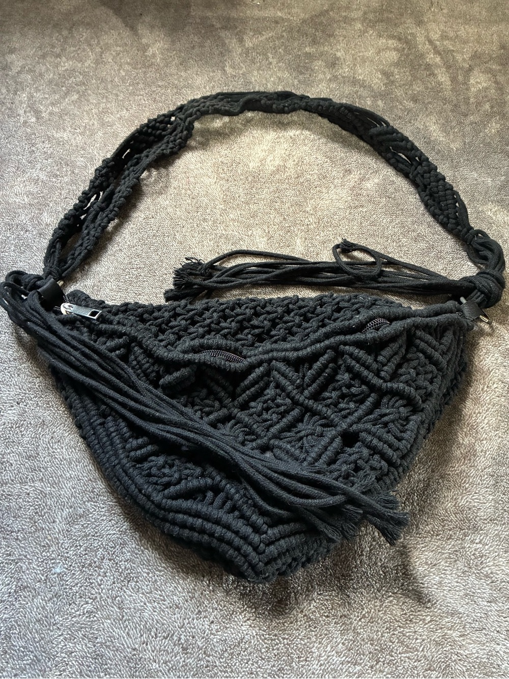 Forever 21 Black Macramé Waist Fanny Pack Shoulder Bag Fringe Boho Festival 13”